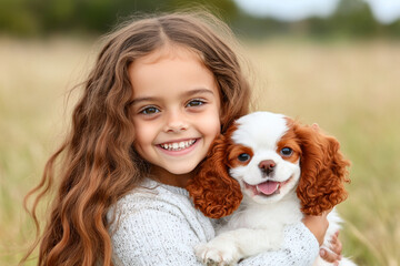 Child joyfully hugs a puppy in a sunny outdoor setting
