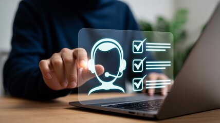 Guiding you through every question with care with a virtual support assistant on the laptop with clean screen interface