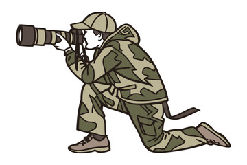 Skilled wildlife photographer in camouflage gear crouching low to capture a distant subject with a professional telephoto lens