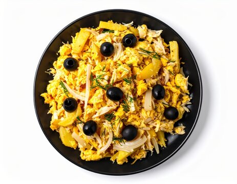 Portuguese Bacalhau à Brás, Top view of shredded salted cod mixed with scrambled
