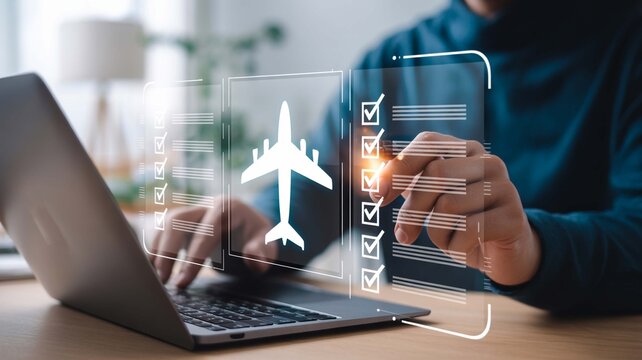 Booking a dream vacation online ticking off pre flight checklists with excitement using virtual interface over laptop