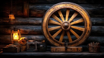 Obraz premium Wooden spinning wheel in rustic setting