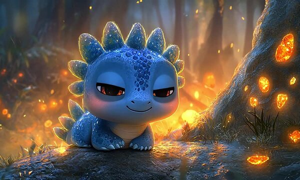 Adorable baby dragon in a mystical forest