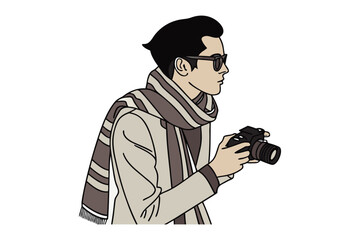 Stylish man with camera and striped scarf captured in a modern artistic illustration