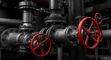 Fototapeta premium Industrial Pipe System with Red Valves in Factory Setting