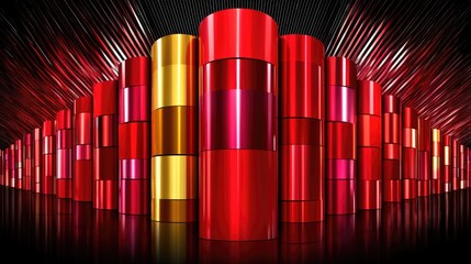 Obraz premium Vibrant Red and Gold Cylinders with Radiant Light Rays in Abstract Composition for Modern Design Concepts