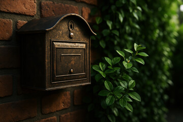 Ornate mailbox on brick wall with green foliage bronze
