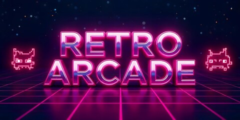Vibrant Pink Retro Arcade Chrome Text and Pixel Characters on a Futuristic 80s Grid