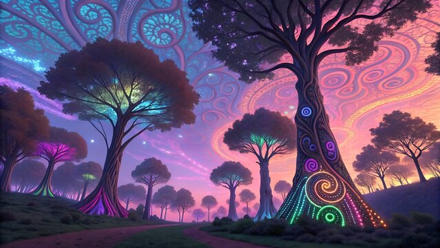 A psychedelic forest where trees have spiraling trunks and leaves that glow with neon lights