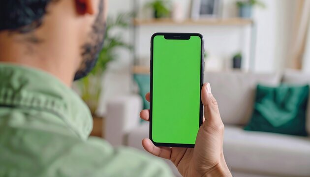 Person holding phone with green screen - Powered by Adobe