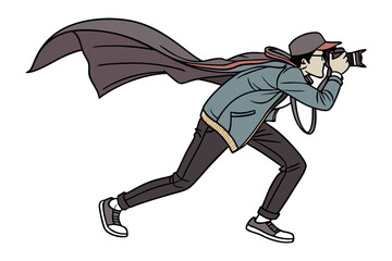 A dynamic illustration captures a determined photographer in action holding a camera and wearing a flowing cape and cap