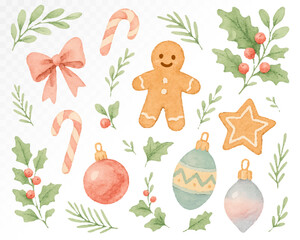 Watercolor Christmas composition with gingerbread man, holiday ornaments, candy canes, stars, baubles, holly leaves and winter decorative elements. Vector illustration.