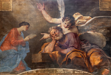 PIACENZA, ITALY - MAY 19, 2025: The fresco of Dream of St. Jospeh  in Cathedral - Cattedrale di Santa Maria Assunta e Santa Giustina by Markantonio Franceschini (1688 - 1689).