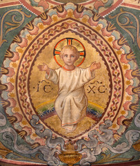 PIACENZA, ITALY - MAY 19, 2025: The fresco of Jesus Child  in Cathedral - Cattedrale di Santa Maria Assunta e Santa Giustina by Eugenio Cisterna (1901).