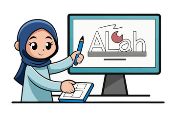 Young muslim woman wearing a hijab actively engages in digital learning pointing to arabic calligraphy displayed on a computer monitor while holding a tablet