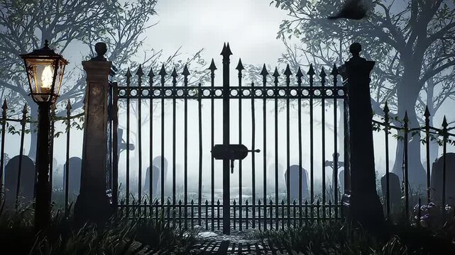 An Establishing Shot of a Haunted Graveyard Entrance with a Flickering Lantern

