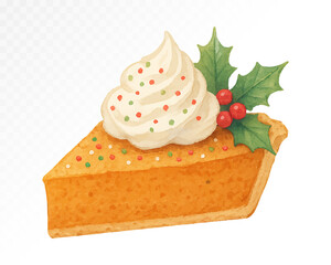 Slice of pumpkin pie with whipped cream and holly leaves on top, traditional festive dessert in warm orange tones, watercolor food clipart. Vector illustration.