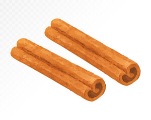 Watercolor cinnamon sticks in realistic style. Aromatic brown spice used for baking, cooking and holiday decorations. Hand-painted food clipart. Vector illustration.