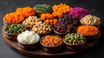 Festive Diwali tray with antioxidant rich dry fruits including pistachios walnuts and raisins decorated with vibrant diyas rangoli and marigold flowers