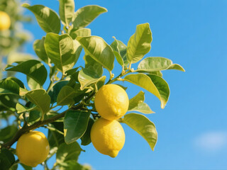 Fresh Lemon Tree Close-Up: Sunlit Leaves and Ripe Fruit Under Blue Sky