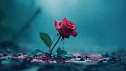 Vibrant Red Rose Emerging from Dark Soil Amidst Gentle Rain and Drops of Water in Dreamy Atmospheric Background 4k video footage - Powered by Adobe