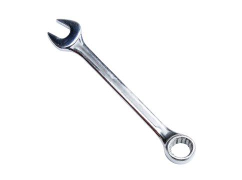 Chrome open end wrench isolated on black background tool repair. Isolated On Transparent Background