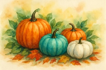 Colorful pumpkins on leaves in autumn watercolor style  