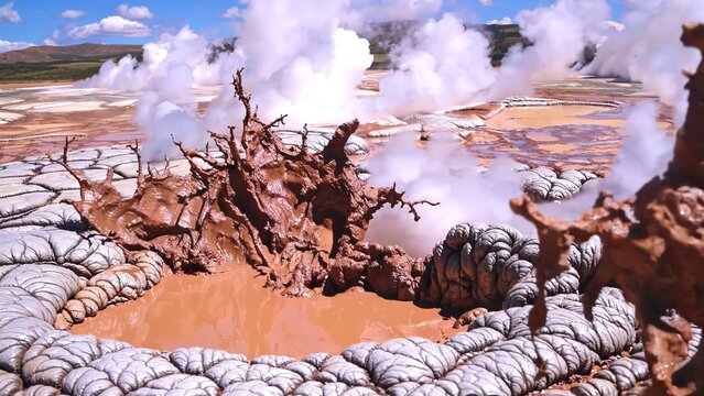Bubbling mud volcanoes and erupting geysers are creating a surreal and otherworldly landscape in a geothermal area, showcasing the raw power and beauty of nature