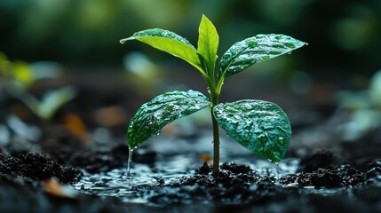 Young sprout emerging from wet soil