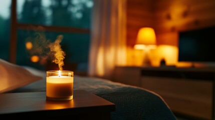 Aromatherapy candles and deodorizer mist on nightstand in cozy bedroom,