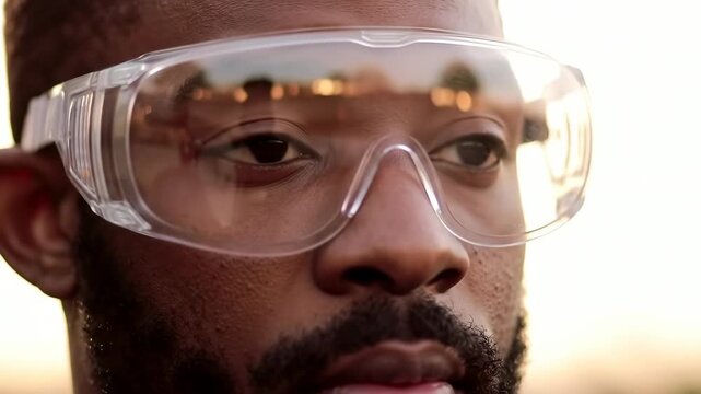 close up on face of adult african american man putting on safety goggles. eye injury prevention month. male worker on construction site wearing protective glasses, preparing for work