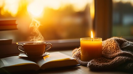 Fototapeta premium Aromatic candles near books and tea in peaceful home scene,