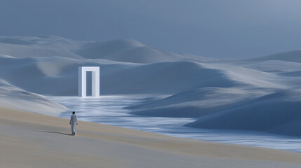 Silhouetted figure walking towards neon gate in endless beige dunes