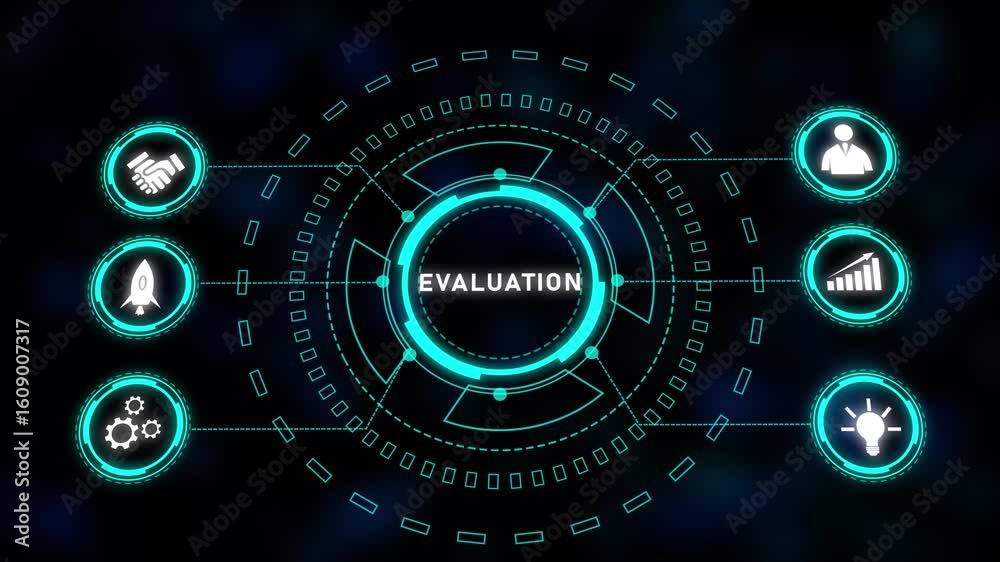 Poster evaluation hud interface with glowing sci-fi particles and futuristic teal tech motion graphics. fut