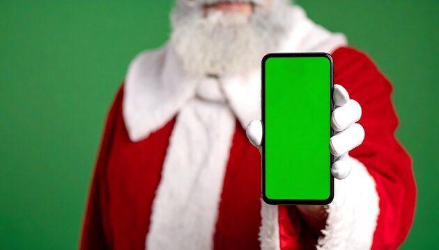 Santa Claus holding a phone with green screen - Powered by Adobe