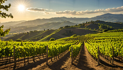 Le soleil couchant sur un paysage viticole