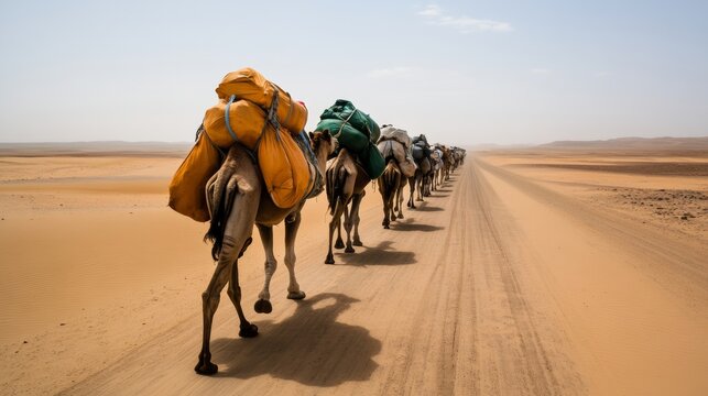camel caravan crossing open desert landscape, with supply bags tied on sides