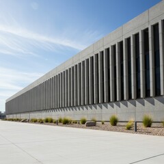 Obraz premium Modern concrete building facade with vertical sunshades and landscaping.