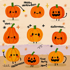 Cute Kawaii Halloween Pumpkins Character Set.