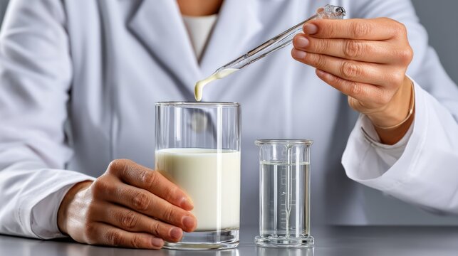 Laboratory Experiment with Milk and Liquid in Beaker using Pipette by Researcher in White Lab Coat