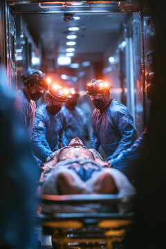 Life saving emergency room rescue of a patient on a gurney by dedicated medical team in action