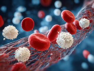 Highly detailed microscopic view of human blood cells in motion.