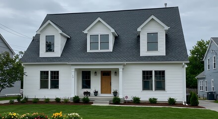Dormer windows on the sloped shingle roof of a newly built house in Brighton - Elegant Modern Architecture