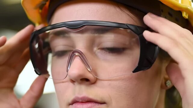 close up on face of young caucasian woman putting on safety goggles. eye injury prevention month. female worker in helmet and protective glasses on construction site preparing for work