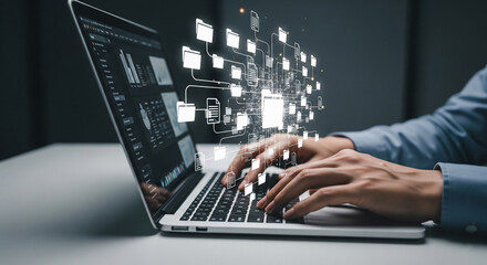 Laptop keyboard with hands typing,  digital file network visualized above, showcasing data management and connectivity
