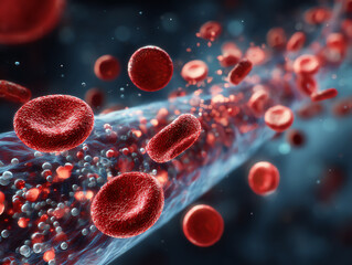 Detailed view of red blood cells moving through a blood vessel.