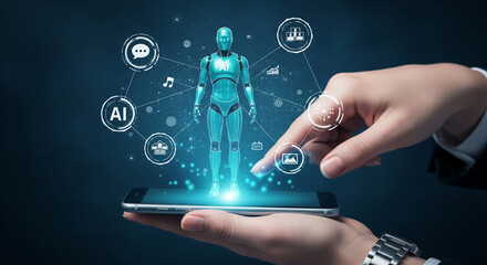 Hand interacting with a smartphone displaying a digital AI robot, showcasing advanced technology and artificial intelligence integration, symbolizing future innovation and seamless connectivity
