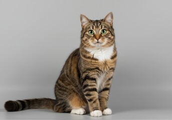 Obraz premium Brown Tabby Cat with Green Eyes Sits in Studio