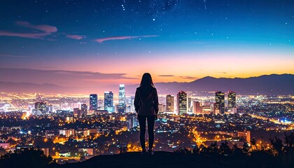 Person overlooking illuminated cityscape at twilight