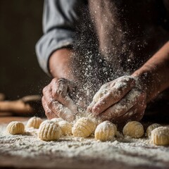 Crafting culinary delight: A chef prepares fresh gnocchi with a dusting of flour